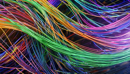 colorful optic fiber electrical cables wires neon waves lines abstract 3d ai design background pattern glow colored streams information optical connection internet web multicolor data led technologyの素材