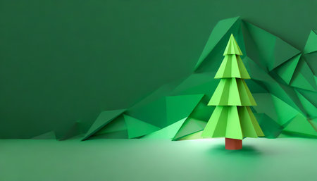 polygonal simple christmas background with green christmas tree and copy space minimalism greeting cardの素材