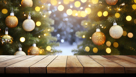 a wood table tabletop product display with a festive christmas background of christmas tree and fairy lightsの素材