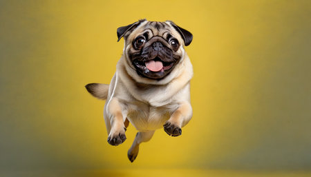 happy pug dog jumping on yellow background banner concept for pet shop e commerce pet veterinary clinics generative aiの素材