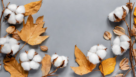 autumn composition frame made of cotton flowers dried maple leaves on pastel gray background autumn fall concept flat lay top view copy spaceの素材