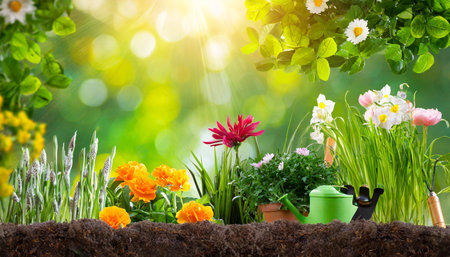 gardening concept garden flowers and plants on a sunny backgroundの素材