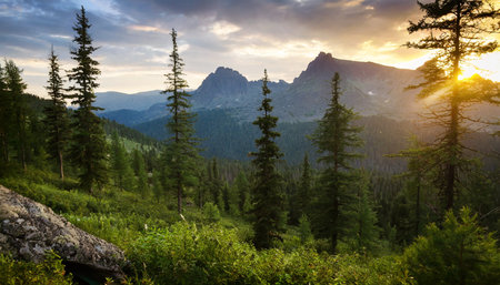 beautiful sunset view in cedar forest in front of sayan mountain range ergaki national park krasnoyarsk region siberia russiaの素材
