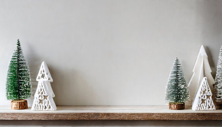 a white wall banner background with copy space and white christmas house decor featuring trees on a wood shelfの素材