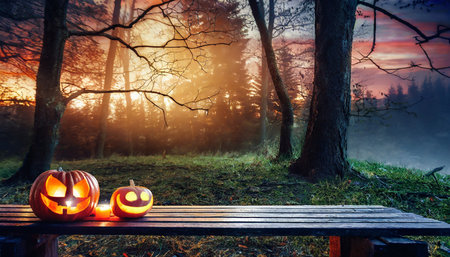 a spooky forest sunset with a haunted evil glowing eyes of jack o lanterns on the left of a wooden bench on a scary halloween nightの素材