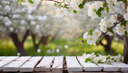 spring background with white blossoms and white wooden table spring apple garden on the backgroundの素材