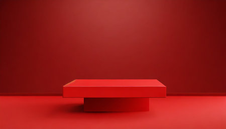 long red table podium 3d background stage with empty presentation show product scene studio pedestal display stand or blank rectangular advertising platform shelf and minimal floor showcase backdropの素材