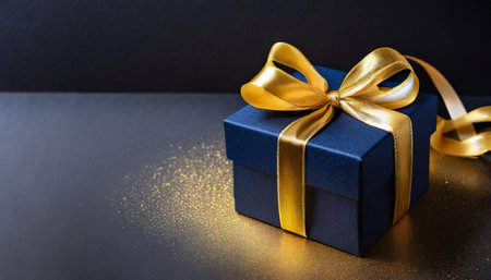 dark blue gift box with elegant gold ribbon on dark background greeting gift with copy space for christmas present holiday or birthdayの素材