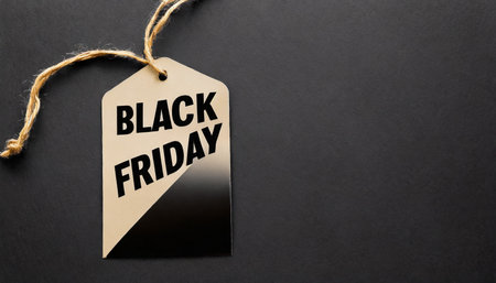 black friday tag on black background with copy spaceの素材
