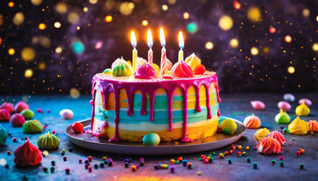 colorful neon vibrant birthday cake with candles on a dark background cream splashの素材