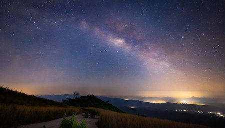 landscape with milky way galaxy night sky with starsの素材