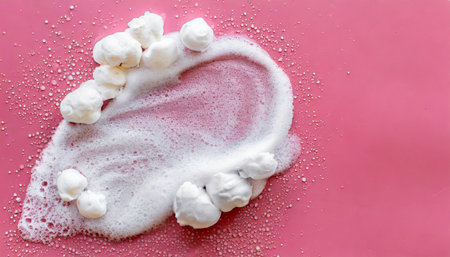 fluffy bath foam on pink background top view space for textの素材