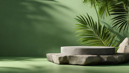 3d background with stone podium display nature rock pedestal with tropical palm leaf and shadow on green background cosmetic beauty product promotion stand with plant studio 3d render illustrationの素材