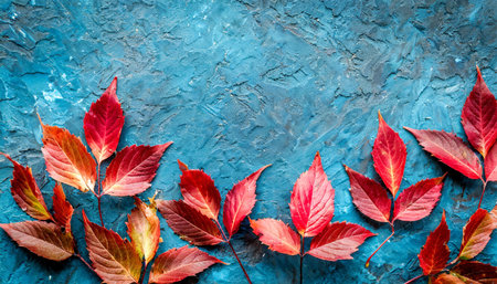autumn background with colored red leaves on blue slate background top view copy spaceの素材