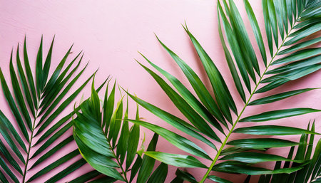 tropical palm leaves on pastel pink backgroundの素材