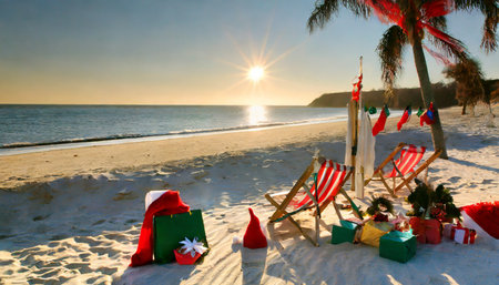 a sunny beach setting where merrymaking unfolds for either christmas or new year s eveの素材