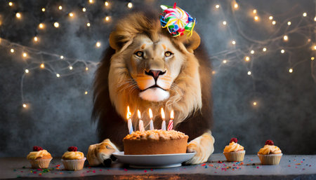 lion holding a birthday cake with burning candles on a dark backgroundの素材