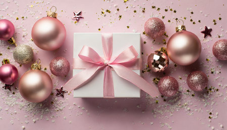 top view photo of pink christmas decorations balls shiny stars sequins and white giftbox with pink ribbon bow on pastel pink background with copyspaceの素材