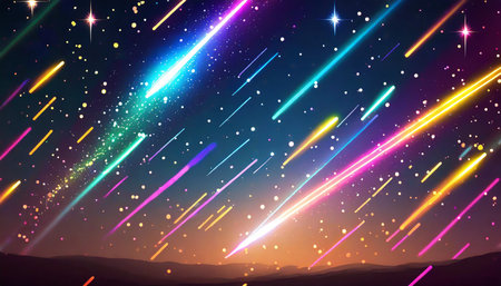 raining colorful neon light comet meteor phenomenon reminiscent night sky full of starsの素材