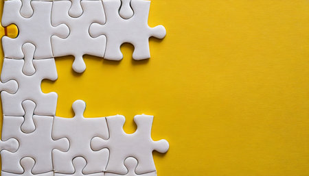 top view of an empty space of white jigsaw puzzle on a yellow backgroundの素材