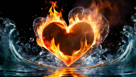burning heart heart in fire and water on black backgroundの素材