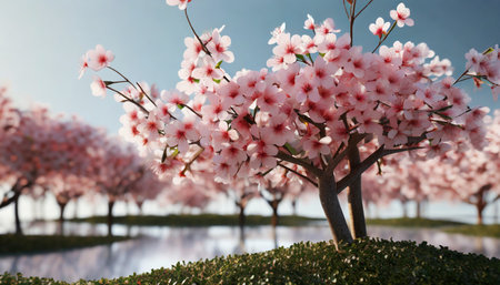 cherry trees on background and selective focus close up 3d renderの素材