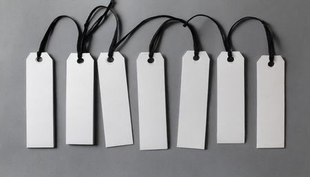 white cardboard black long tags mockup on gray background view directly aboveの素材