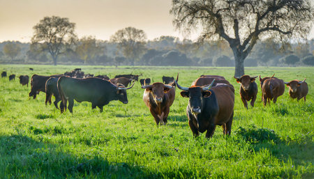 close up of a herd of bulls feeding on a green field in the morningの素材