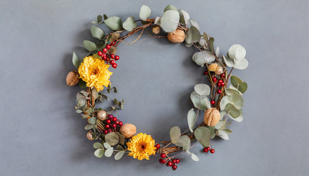 autumn composition wreath made of dried flowers eucalyptus leaves berries on gray background autumn fall thanksgiving day concept flat lay top view copy space squareの素材