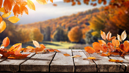 wooden table with orange leaves autumn backgroundの素材