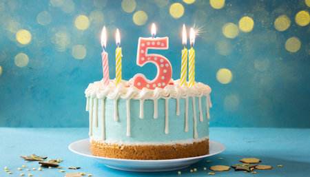 birthday cake with 5 five candles on pastel blue background with copyspaceの素材