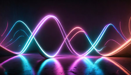 3d render abstract background of neon ribbon fluorescent ines glowing in the dark room with floor reflection fantastic panoramic wallpaper digital data transfer energy conceptの素材