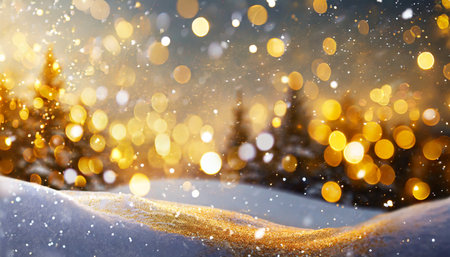 abstract magic winter landscape with snow and golden bokeh lights banner panoramaの素材