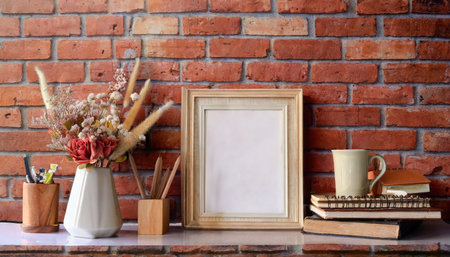 mockup workspace vintage books dry flower office stationery and cork frame over red brick wallの素材