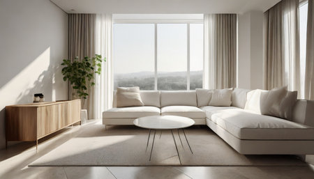 modern minimal clean clear contemporary living room home interior design daylight background beige white sofa couch in living room daylight from window freshness moment mock up interior generative aiの素材