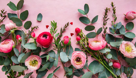 flowers composition pink flowers and eucalyptus branches on pink background valentines day mothers day womens day concept flat lay top viewの素材