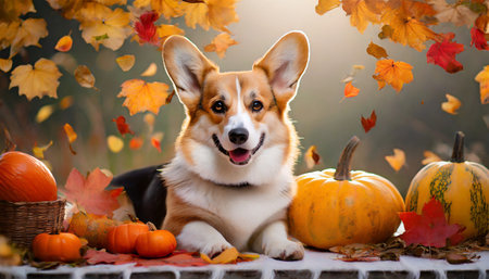 dog corgi with autumn leaves and pumpkins created with generative ai technologyの素材