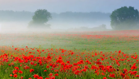 red poppy field in morning mistの素材