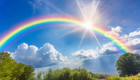 beautiful vibrant double rainbow cloudscape background awesome blue sky with pretty clouds bright sun shining down and a large double rainbow arcing across the right corner with copy spaceの素材