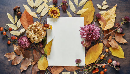 autumn background with dried flowers leaves and blank sheet of paperの素材