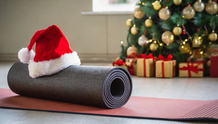 close up of yoga mat with santa clause hat with home decorated for christmas new year healthy lifestyle weight loss new year s resolutionの素材