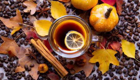 autumn coffee composition top view from above on glass cup of tea or coffeeの素材