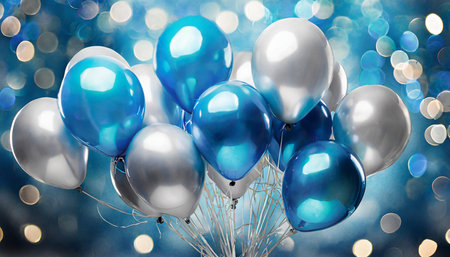 bunch of blue and silver balloons on blue bokeh backgroundの素材