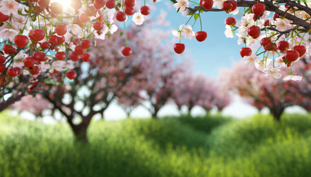 cherry trees on background and selective focus close up 3d renderの素材