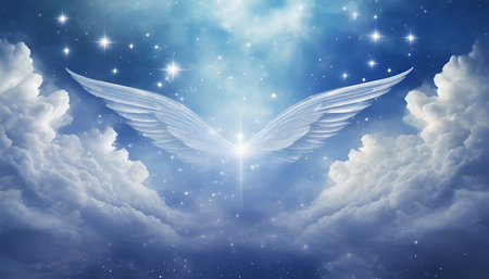 abstract angelic mystic mystical magic magical religious spiritual blue background with stars and cloudy skyの素材