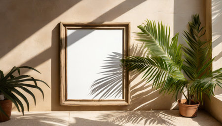 on a beige wall a blank wooden picture frame is hanging mock up of an empty poster for a piece of outdoor art a minimalist interior overlay of shadowy palm foliage summertime style generative aiの素材