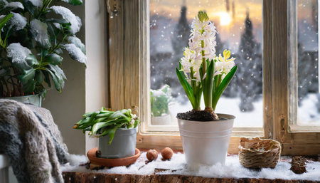 winter in a house with a potted hyacinth bloomingの素材