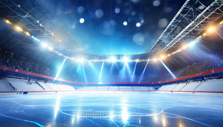 hockey stadium empty sports arena with ice rink cold background with bright lighting ai generated imageの素材