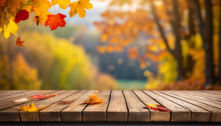 empty wooden table space with autumn blur backroundの素材