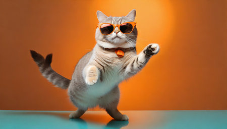 cute cat with sunglasses dancing on orange background generative aiの素材